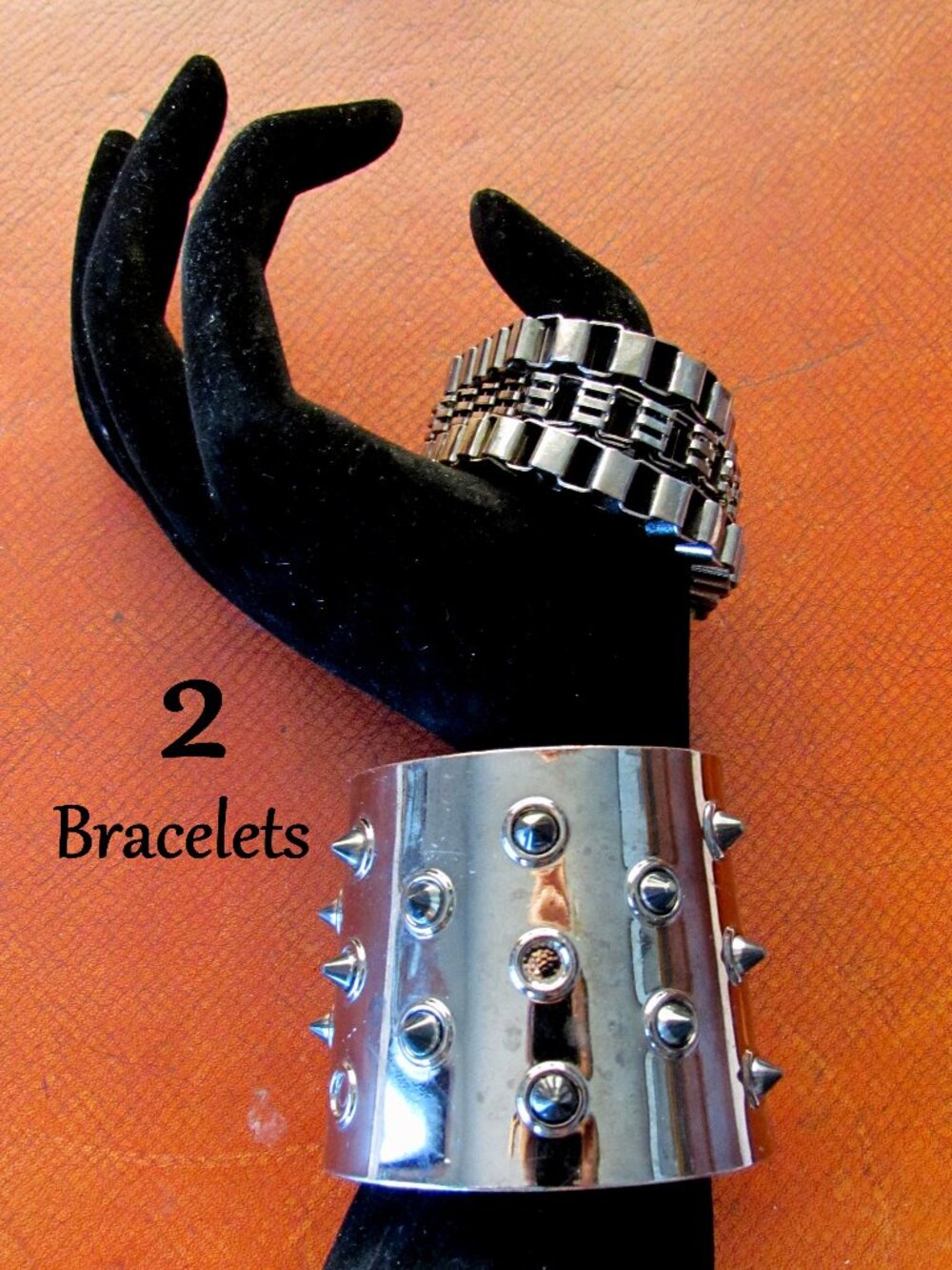 Y2K SPIKED CUFF & STRETCH CHAIN BRACELET, SILVER METALS; EDGY COSTUME JEWELRY
